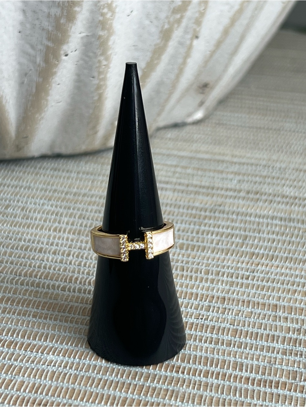 Adjustable White/cream Enamel H-Accent Women's Ring